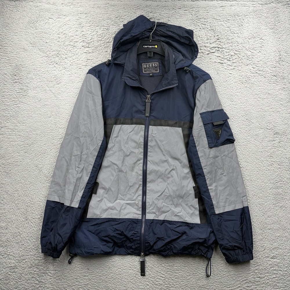 Guess Reflective Navy/Gray Jacket Mens L Full Zip Windbreaker - SEE PICTURES!